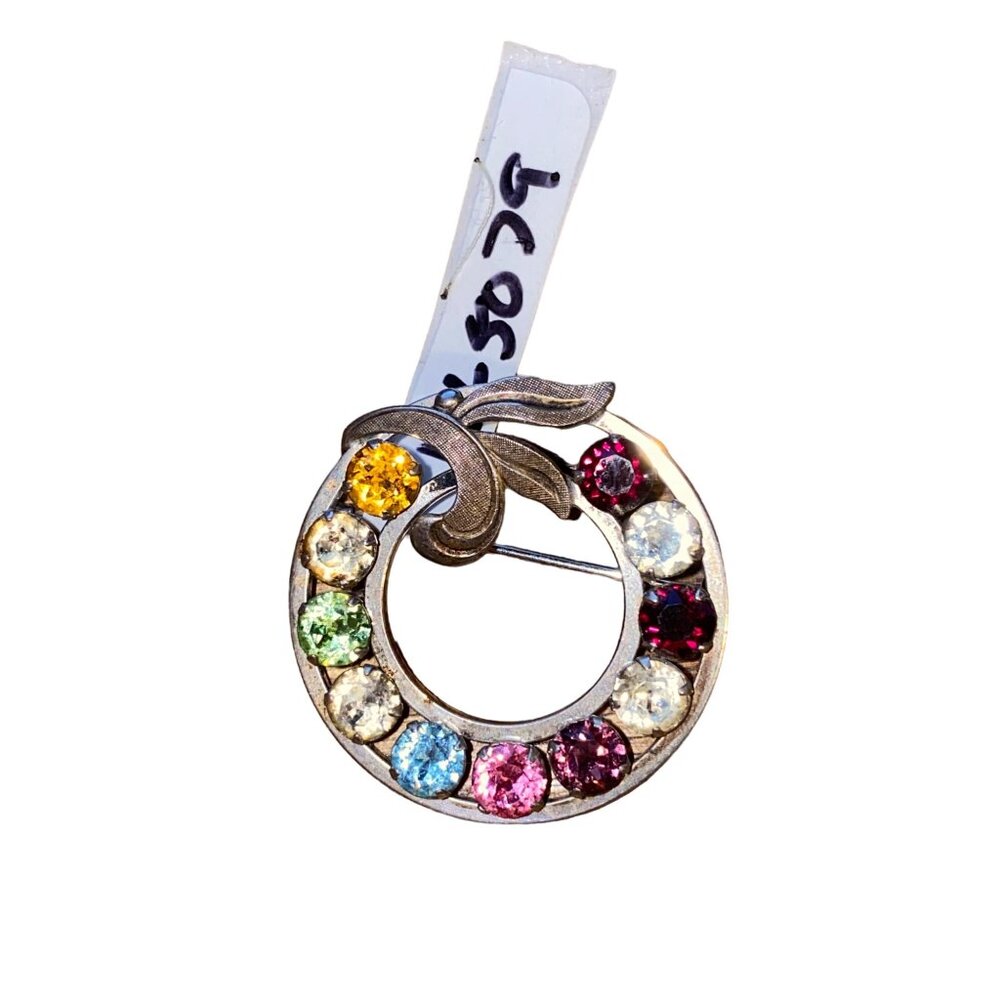 Vintage Rainbow Rhinestone Circle Pin Brooch